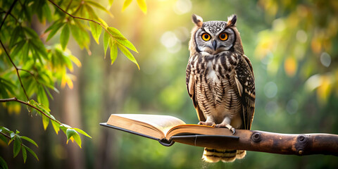 Owl perched on a branch reading a book , owl, reading, book, branch, wise, education, learning, literature, wildlife, nature