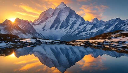 Golden Sunrise Over Majestic Snowy Mountain Peak Reflected in Serene Alpine Lake