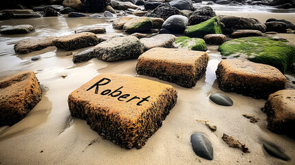 The Name in the Sand: A single, weathered rock bears the name 