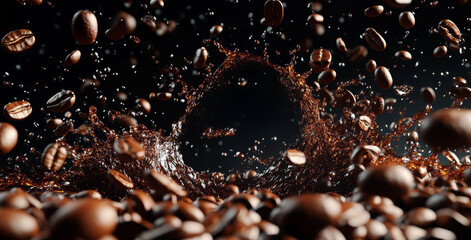 Coffee splash with coffee beans, isolated on black background.