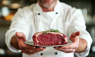 Chef Showcasing a Premium Cut of Raw Beef