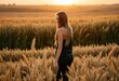 © CS - A young woman with long blonde hair stands in a golden wheat field, gazing at the sunset, while a line of trees and a hill in the distance create a serene, tranquil atmosphere