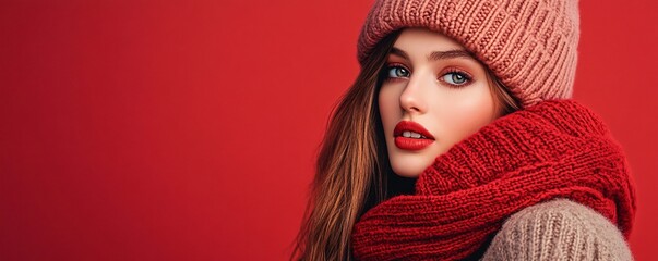 Wall Mural - Beautiful young woman with red lipstick is wearing a pink beanie and a red scarf on a red background