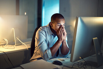 Poster - Stress, eye strain and man by computer in office with glitch, mistake or crisis for web development. Headache, night and male software designer with online firewall crash on technology in workplace.