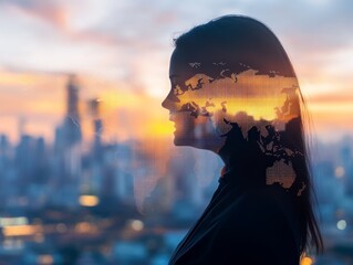 Wall Mural - businesswoman embracing global business opportunities at sunset
