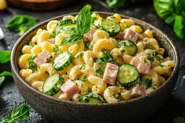 Wall Mural - creamy macaroni salad with savory ham, fresh cucumbers a delightful banner for a refreshing dish concept