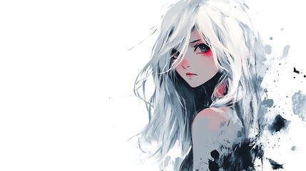 Poster - Anime girl with long white hair and red eyes on white background, digital art illustration