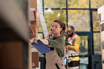 Wall Mural - Employee talking at landline phone with remote supervisor, working at packing clients order while doing warehouse inventory. Woman doing products quality control working in delivery department