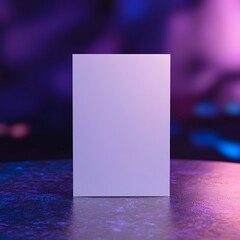 Blank white box mockup on a reflective surface with purple and blue neon lights in the background.