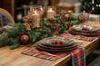 © Aliaksandra - a festive dining room setup with a rustic table adorned in red and green plaid, gold plates, silverware, and a pine centerpiece with cranberries and candles, embodying a christmas home decor theme