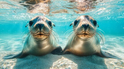 Two Curious Seals Communing Beneath Sparkling Waters in Serene Underwater World, Captivating Nature's Beauty and Playfulness