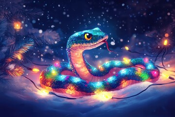 illustration of a merry christmas snake wrapped in twinkling lights, adding a magical touch to the wintry night creative holiday banner