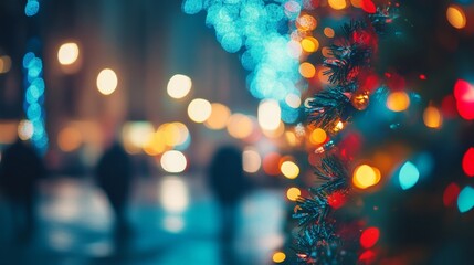 Canvas Print - Christmas lights and decorations on a tree with blurred bokeh lights in the background, creating a festive night street scene.