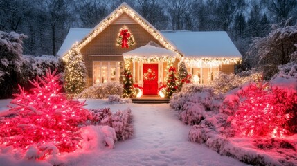 Snowy cottage surrounded by twinkling Christmas lights and snow-covered trees in magical winter setting. Vibrant Christmas tree decorated glowing lights ornaments, snowfall and bokeh in background