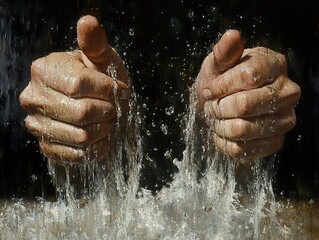 Sticker - Water Droplets Falling on Hands: A Close-Up Painting