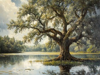 Sticker - Tranquil Lake Scene with Majestic Oak Tree