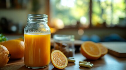 Wall Mural - Rollinia fruit detox juice served stylish glass bottle placed modern kitchen counter vegan snack herbal supplement yoga gear softly blurred behind promoting balanced healthy lifestyle Scientific name