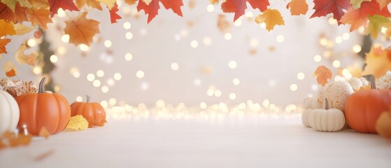 Wall Mural - happy thanksgiving day. halloween background. autumn arrangement of leaves, berries and small pumpki