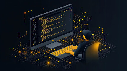 A programmer focuses intently on coding at their computer, surrounded by a glowing digital interface in a dimly lit room
