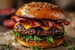 © Aliaksandra - banner design featuring a gourmet beef burger with bacon strips, promoting the concept of homemade burgers