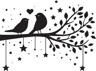 A black and white two bird on a tree silhouette design