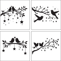 A black and white two bird on a tree silhouette design