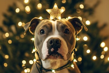 An adorable dog wrapped in Christmas lights with a star on its head, capturing the festive holiday spirit and cozy holiday vibes.