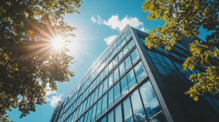 Modern office building framed by trees reflecting sunlight