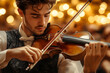 © 영진 송 - Detailed shot of a male violin player in a symphony orchestra concert, emphasizing the violin, fingers, and strings in a professional setting, highlighting the beauty of classical music and performanc