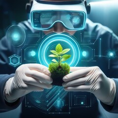 Scientifique de l'environnement analysant les données de croissance avec une interface numérique, concept de conservation des plantes en ia