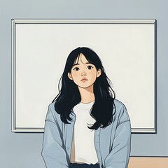 Poster - Cute Girl with Long Black Hair in a Blue Denim Jacket