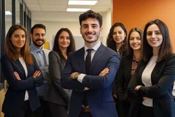 Group of business people smiling with folded arms in office hallway