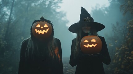 Two enigmatic women with carved pumpkins and lit candles, enjoying halloween in a eerie forest