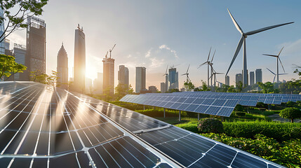 a renewable energy setup featuring wind turbines and solar panels under a clear blue sky with some clouds. In the foreground,