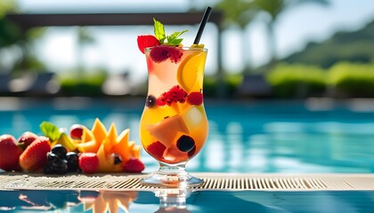 Wall Mural - Refreshing summer cocktail infused with vibrant fruits beside a sparkling pool