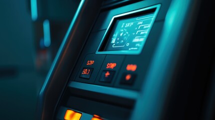 Modern treadmill control panel glowing in dark gym