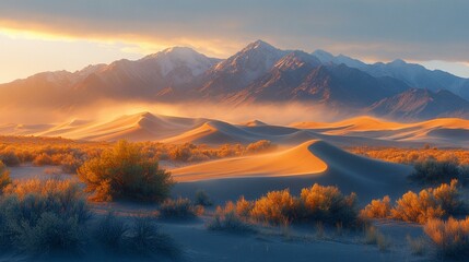 an Sunrise over the Mesquite Flat Sand Dunes, with warm golden light illuminating the sweeping dunes.