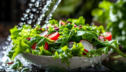 Refreshing green salad amidst a cleanup scene with overflowing water