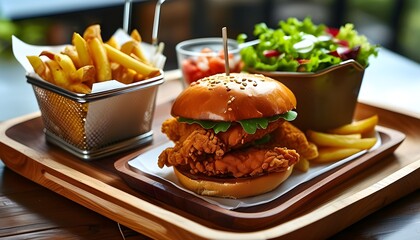 Wall Mural - Delicious chicken burger on a rustic wooden plate with a crispy fry basket and fresh side salad