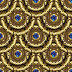 Wall Mural - Gold glow 3d mandalas seamless jewelry pattern with blue sapphires gemstones. Luxury ornamental vector background. Intricate ethnic arabesque style glowing ornaments. Ornate beautiful endless texture.