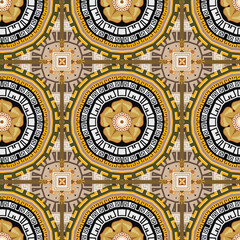 Wall Mural - Greek style floral mandalas seamless pattern. Elegant background. Ornamental repeat backdrop. Geometric ornaments. Abstract modern design. Geometrical shapes, circles, flowers, greek key, meander.