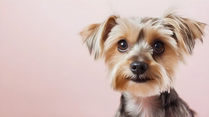 Wall Mural - a close-up of a morkie dog with big, expressive eyes against a soft, light solid color backdrop