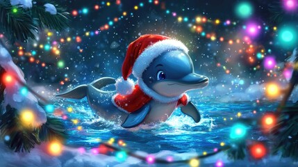 A joyful cartoon dolphin in a Santa suit, swimming through a snowy ocean filled with colorful Christmas lights.