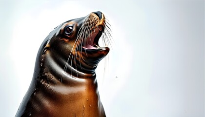 Playful Sea Lion Expressing Joyful Barking Laughter Against Clean White Backdrop