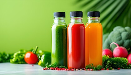 Wall Mural - Vibrant array of refreshing vegetable and fruit juices set against a lush green backdrop