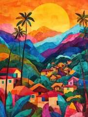 Wall Mural - Colorful Mountainside Village