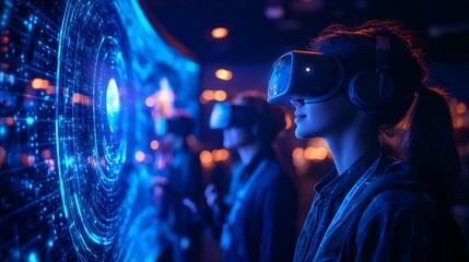 A futuristic tech expo booth showcasing AR headsets in a ring, with attendees interacting with floating holograms, neon lights casting a digital blue glow across the display