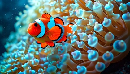 Wall Mural - Playful Clownfish Camouflaged Among Colorful Anemones in the Vibrant Underwater World