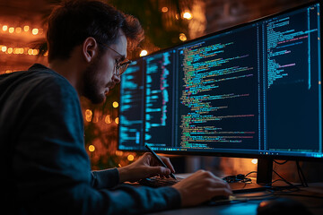 focused programmer working on code at night