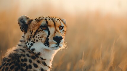 A close-up of a wild cheetah in a grassy savannah, its sharp eyes focused on the horizon, with a blurred background of a light solid color